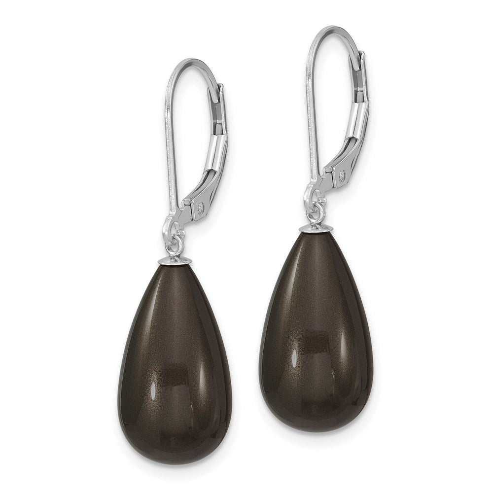 Majestik Sterling Silver Rhodium-plated 10x Teardrop Black Imitation Shell Pearl Leverback Dangle Earrings