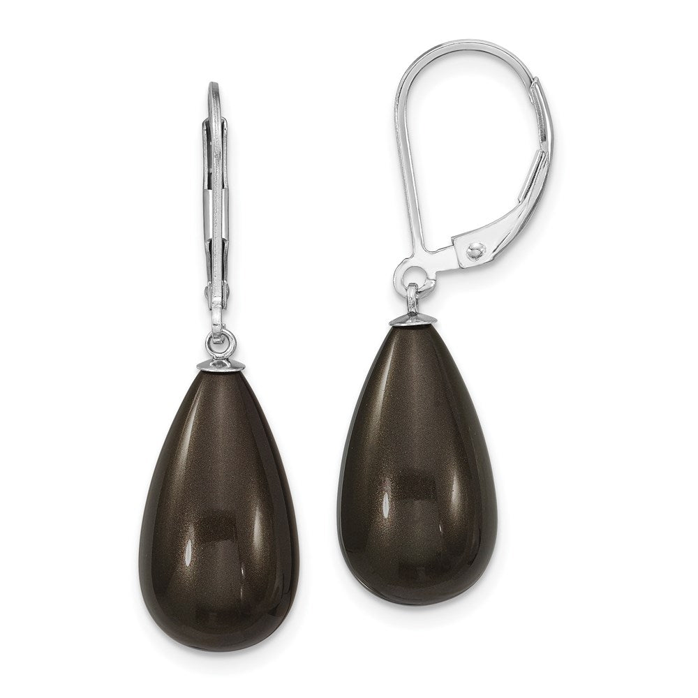 Majestik Sterling Silver Rhodium-plated 10x Teardrop Black Imitation Shell Pearl Leverback Dangle Earrings