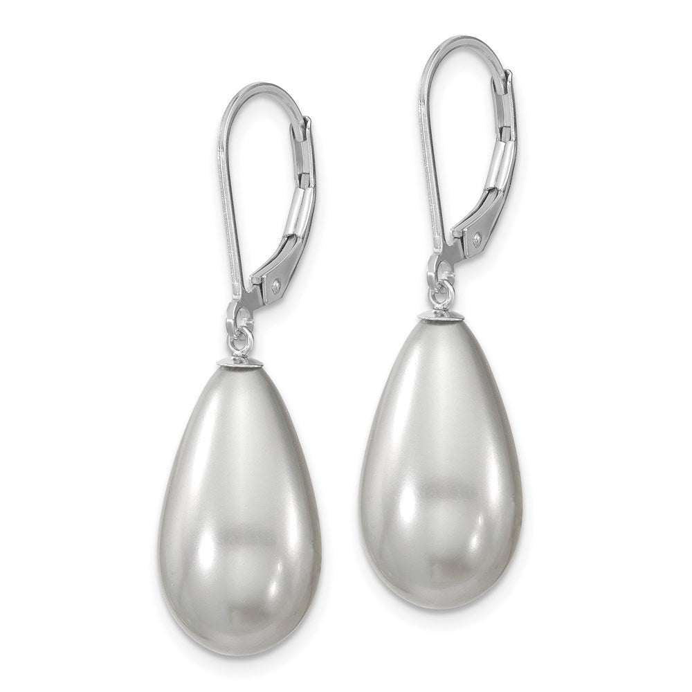 Majestik Sterling Silver Rhodium-plated 10x Teardrop Grey Imitation Shell Pearl Leverback Dangle Earrings