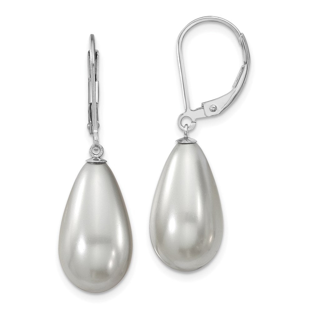 Majestik Sterling Silver Rhodium-plated 10x Teardrop Grey Imitation Shell Pearl Leverback Dangle Earrings