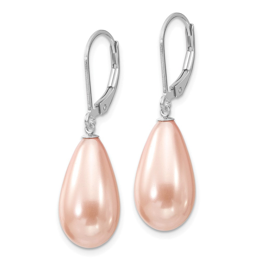 Majestik Sterling Silver Rhodium-plated 10x Teardrop Pink Imitation Shell Pearl Leverback Dangle Earrings