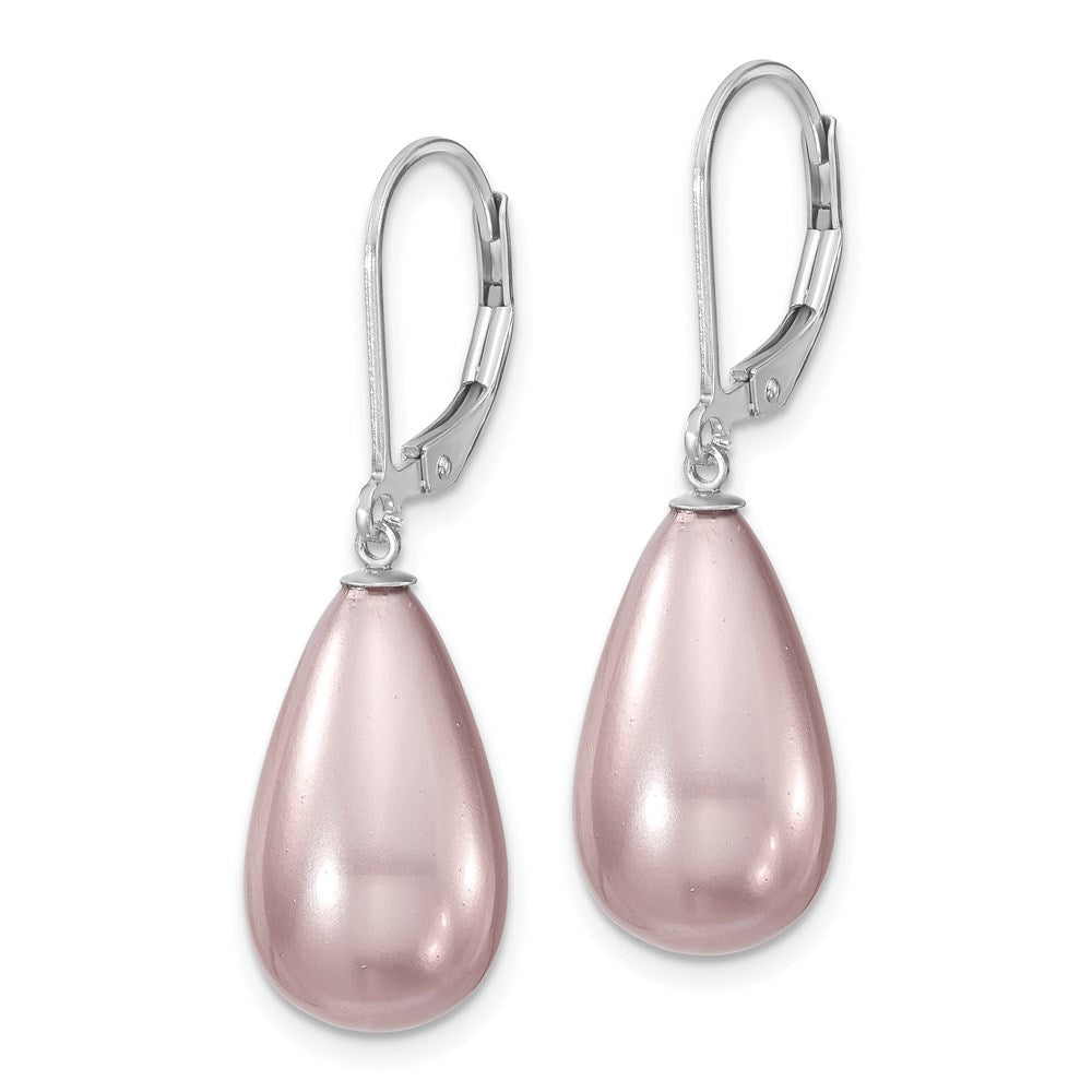 Majestik Sterling Silver Rhodium-plated 10x Teardrop Purple Imitation Shell Pearl Leverback Dangle Earrings