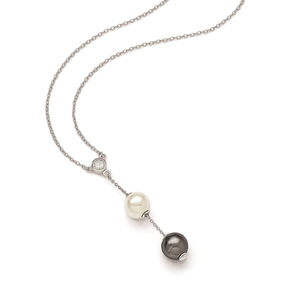 Majestik Sterling Silver Rhodium-plated 10- White and Grey Imitation Shell Pearl and CZ Spring Ring Clasp Necklace