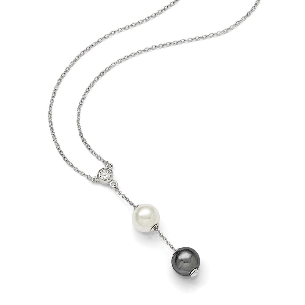 Sterling Silver Rhodium-plated 10- White and Grey Imitation Shell Pearl CZ Y-Drop Spring Ring Clasp Necklace