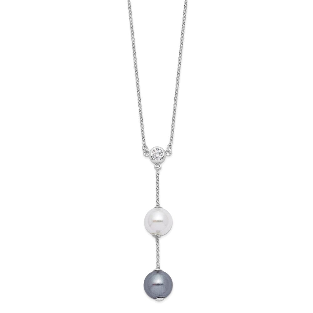 Sterling Silver Rhodium-plated 10- White and Grey Imitation Shell Pearl CZ Y-Drop Spring Ring Clasp Necklace