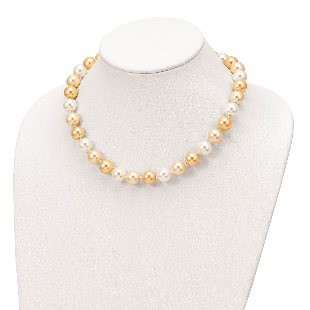 Majestik Sterling Silver Rhodium-plated 12- Yellow and White Imitation Shell Pearl Hand-knotted Necklace