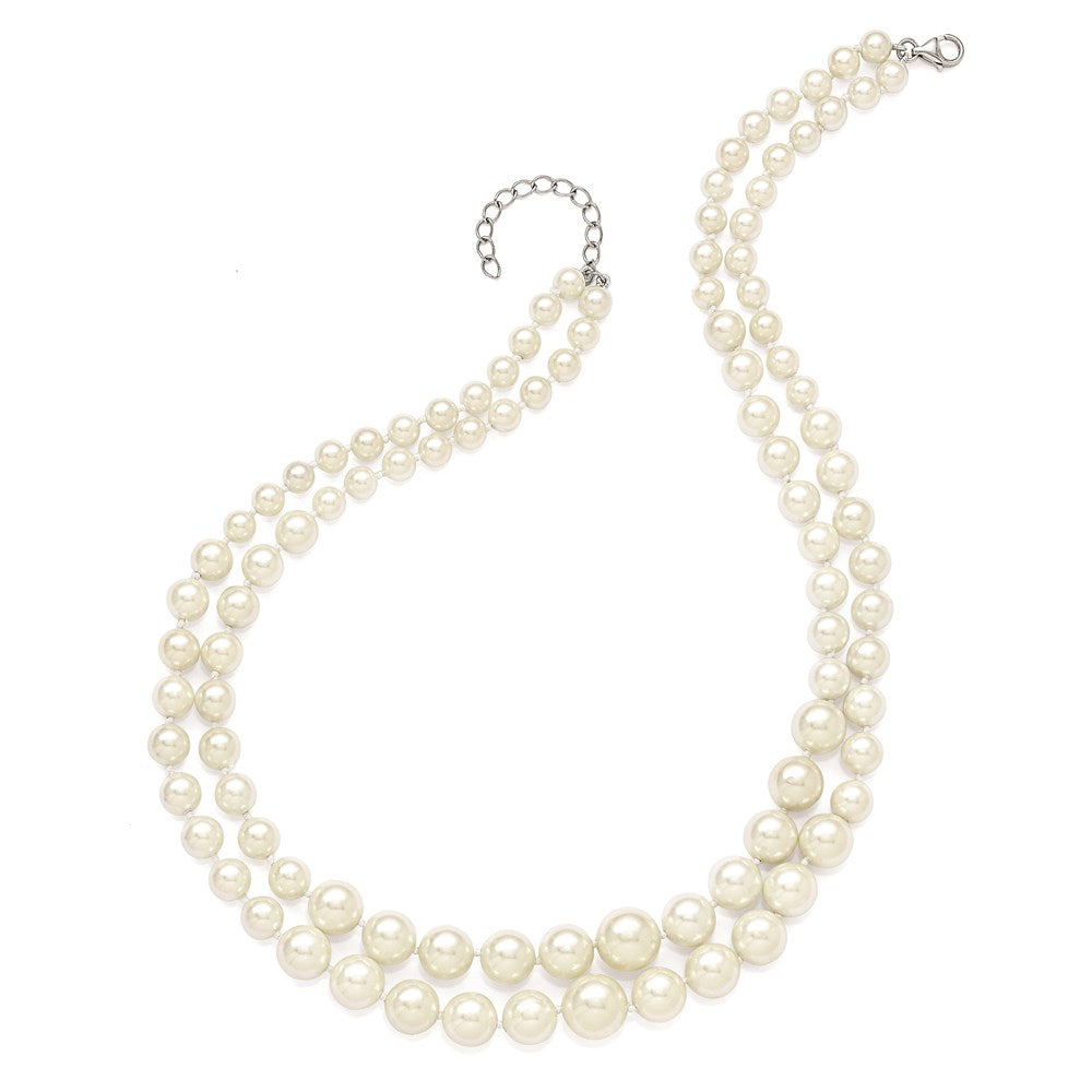 Majestik Sterling Silver Rhodium-plated 2 Row 6- Graduated White Imitation Shell Pearl Hand-knotted Necklace with Extender