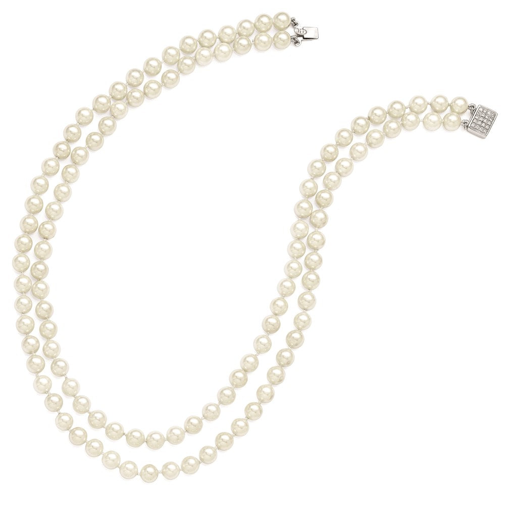 Majestik Sterling Silver Rhodium-plated 2 Row 7- White Imitation Shell Pearl Hand-knotted Necklace