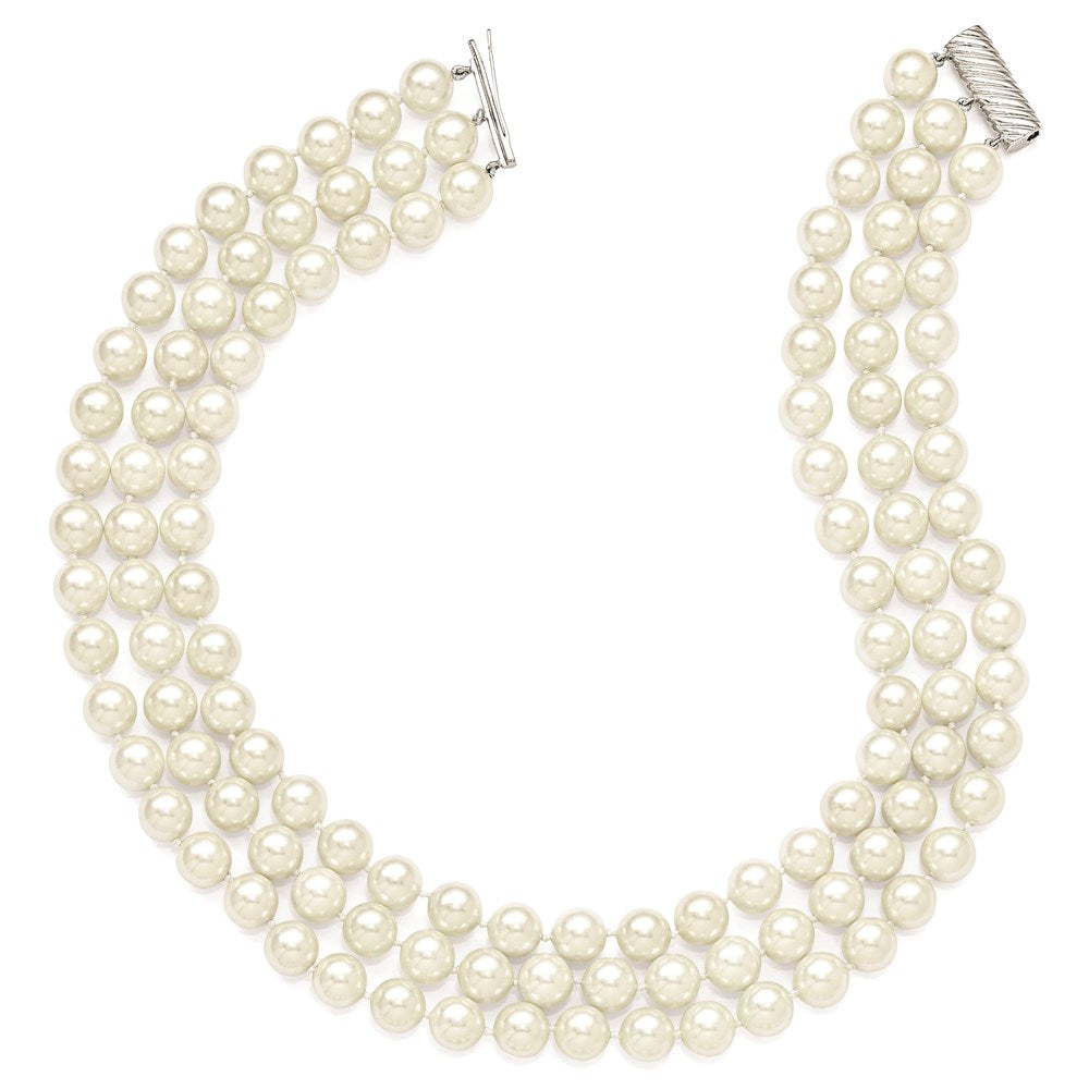 Majestik Sterling Silver Rhodium-plated 3 Row 10- White Imitation Shell Pearl Hand-knotted Necklace