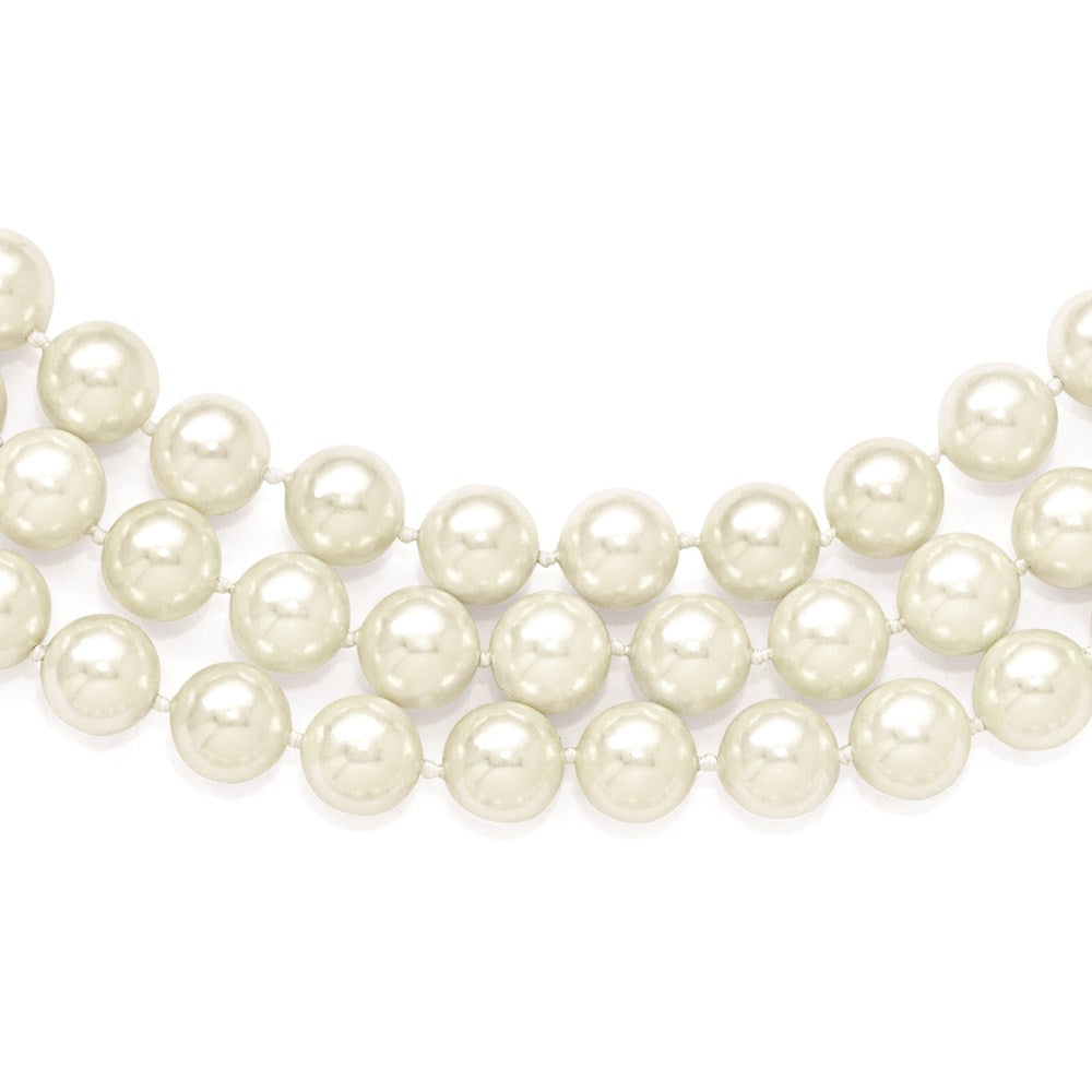 Majestik Sterling Silver Rhodium-plated 3 Row 10- White Imitation Shell Pearl Hand-knotted Necklace