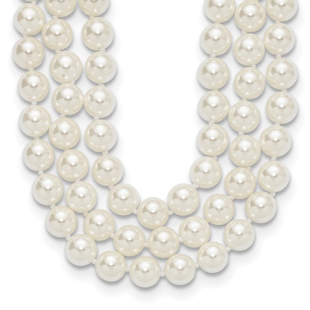 Sterling Silver Rhodium-plated 3 Row 10- White Shell Pearl Hand-knotted 18 Inch Necklace