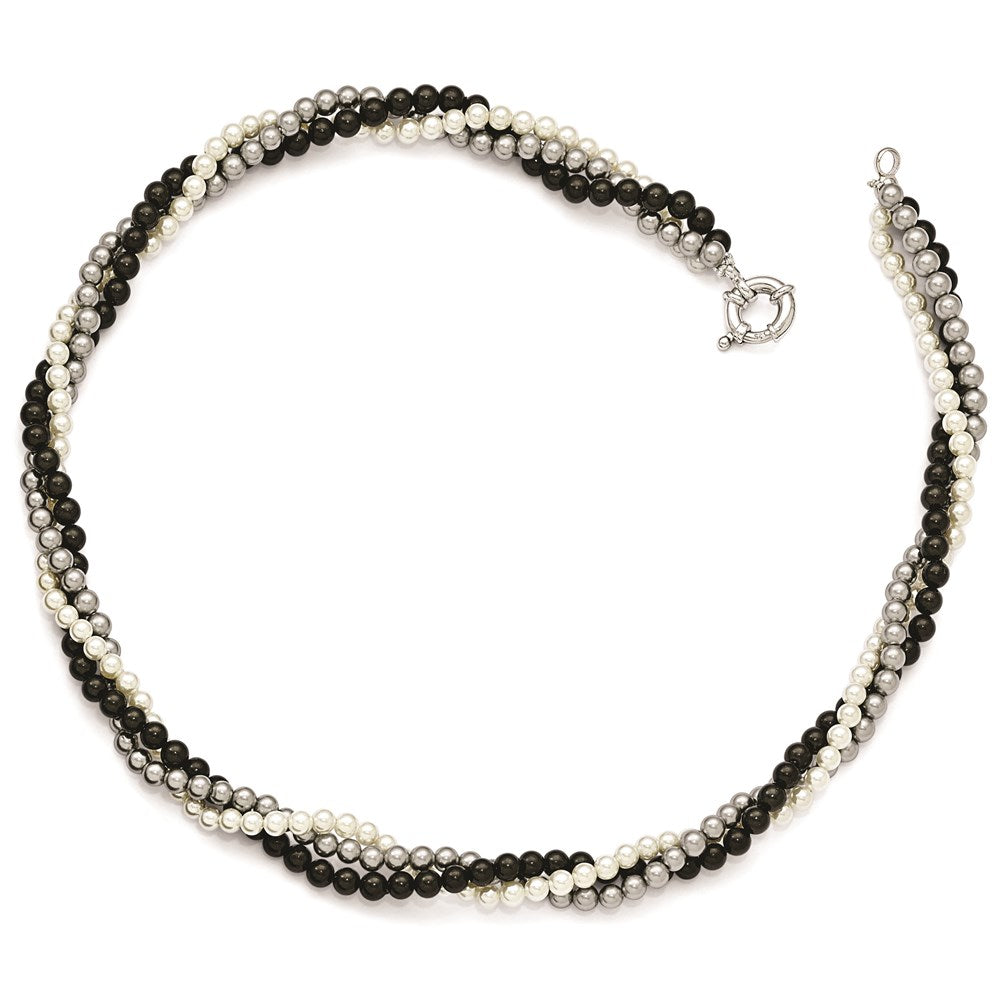 Majestik Sterling Silver Rhodium-plated 3 Row 4- White Grey Black Imitation Shell Pearl Hand-knotted Necklace