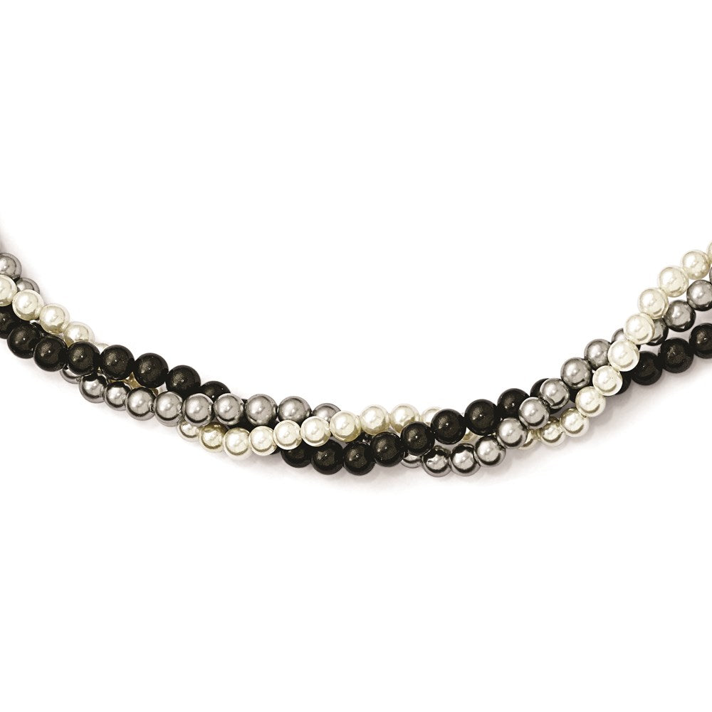 Majestik Sterling Silver Rhodium-plated 3 Row 4- White Grey Black Imitation Shell Pearl Hand-knotted Necklace