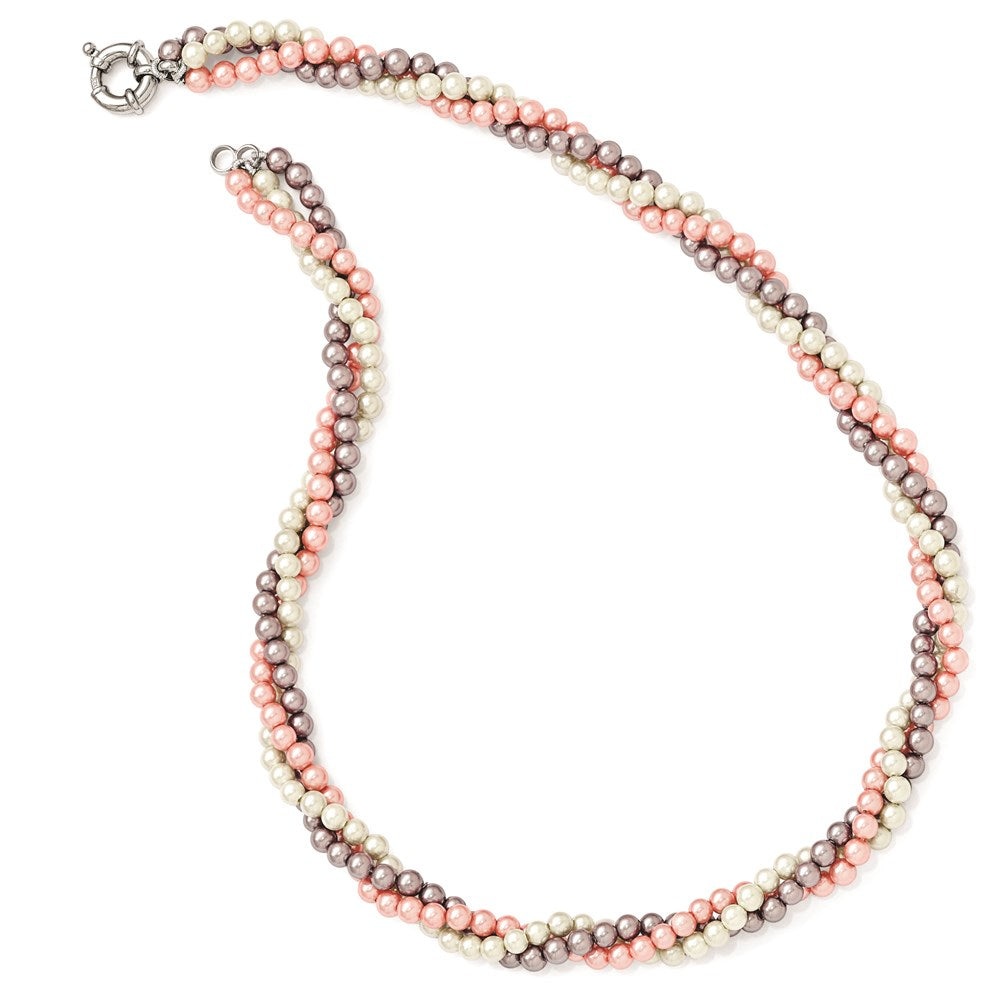 Majestik Sterling Silver Rhodium-plated 3 Row 4- White Pink Purple Imitation Shell Pearl Hand-knotted Necklace