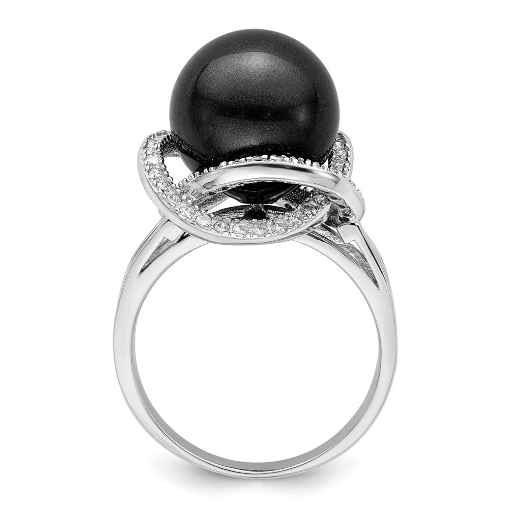 Sterling Silver Rhodium-plated Size 7 12- Black Shell Pearl and CZ Ring