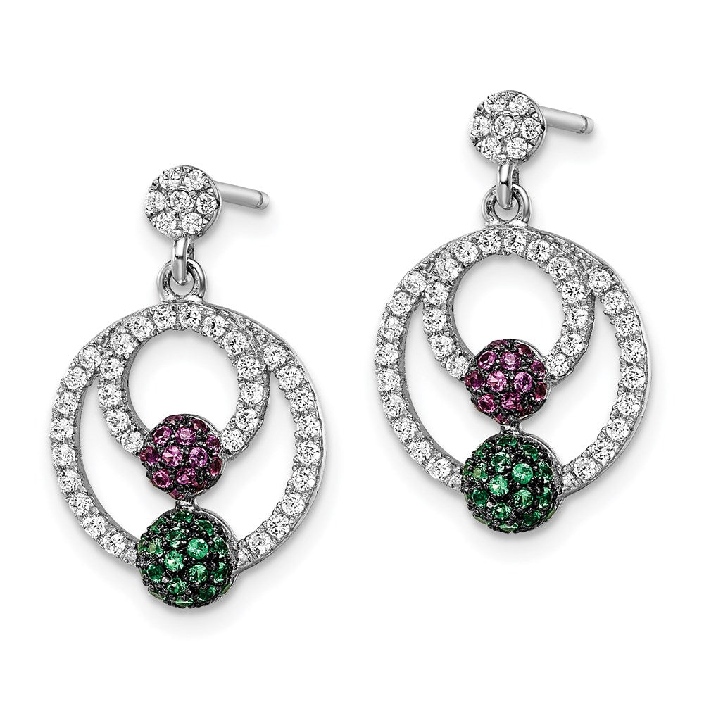 Brilliant Embers Sterling Silver Rhodium-plated 152 Stone Multi Micro PavÂ Green Red and White CZ Circle Dangle Post Earrings