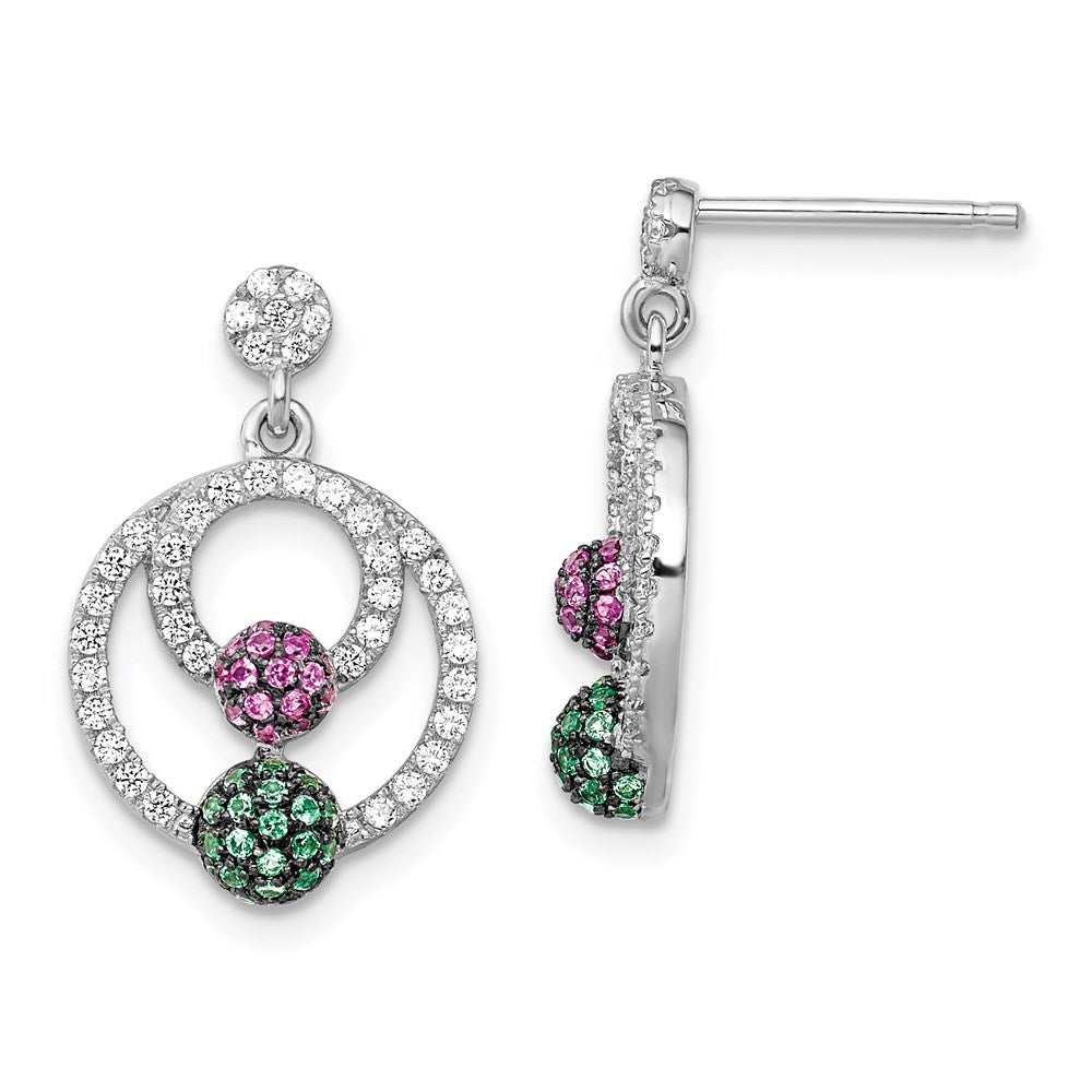 Brilliant Embers Sterling Silver Rhodium-plated 152 Stone Multi Micro PavÂ Green Red and White CZ Circle Dangle Post Earrings