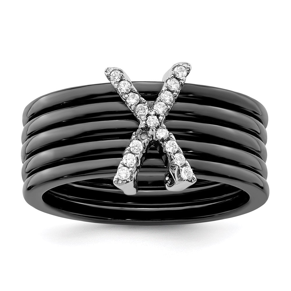 Brilliant Embers Sterling Silver Rhodium-plated 17 Stone Micro PavÂ CZ X Ceramic Ring