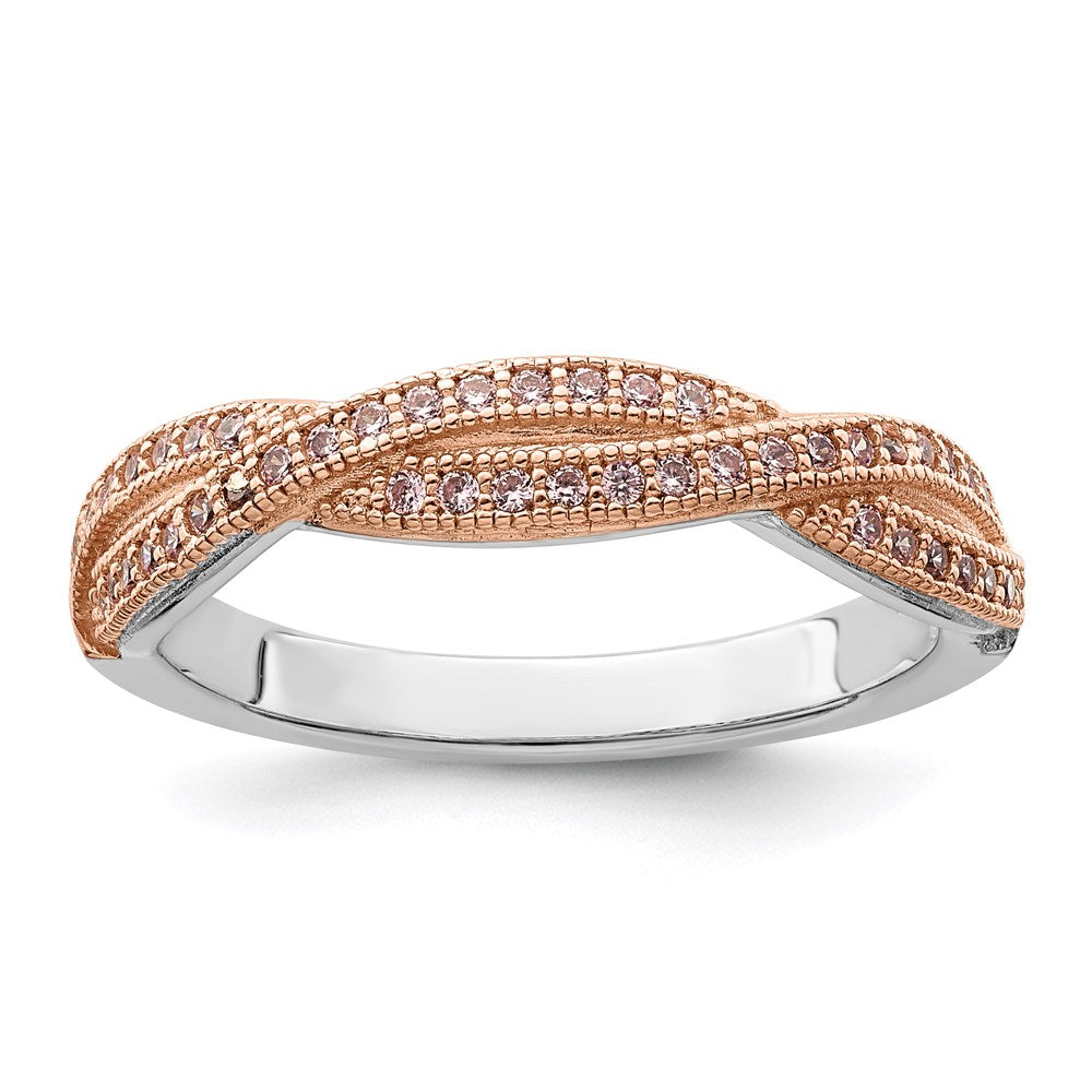 Brilliant Embers Sterling Silver Rose Gold-plated Rhodium-plated 48 Stone Criss Cross Micro Pav CZ Polished Ring
