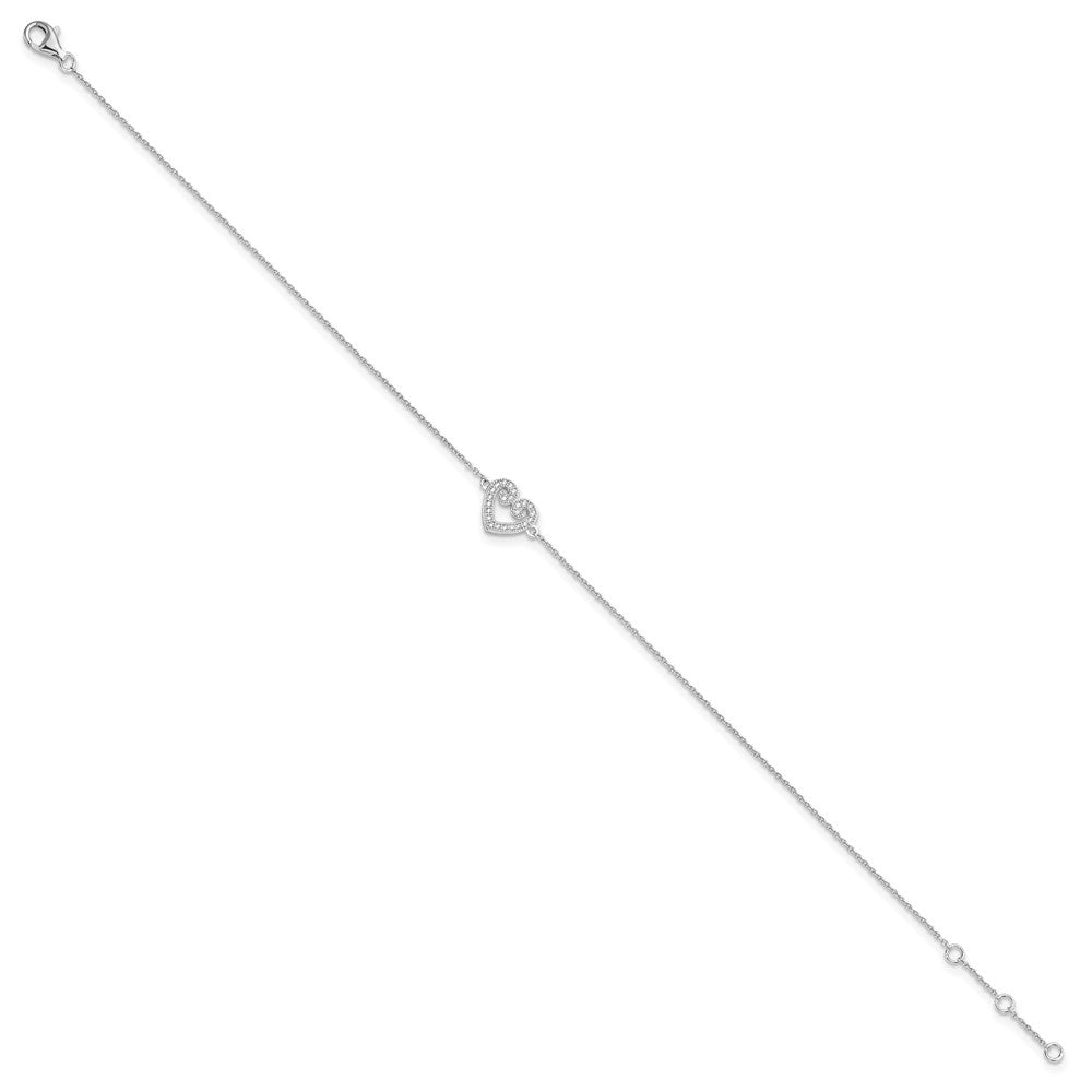 Brilliant Embers Sterling Silver Rhodium-plated 23 Stone Micro PavÂ CZ Heart Anklet with 1 Inch Extender