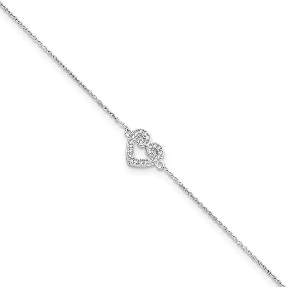 Brilliant Embers Sterling Silver Rhodium-plated 23 Stone Micro PavÂ CZ Heart Anklet with 1 Inch Extender