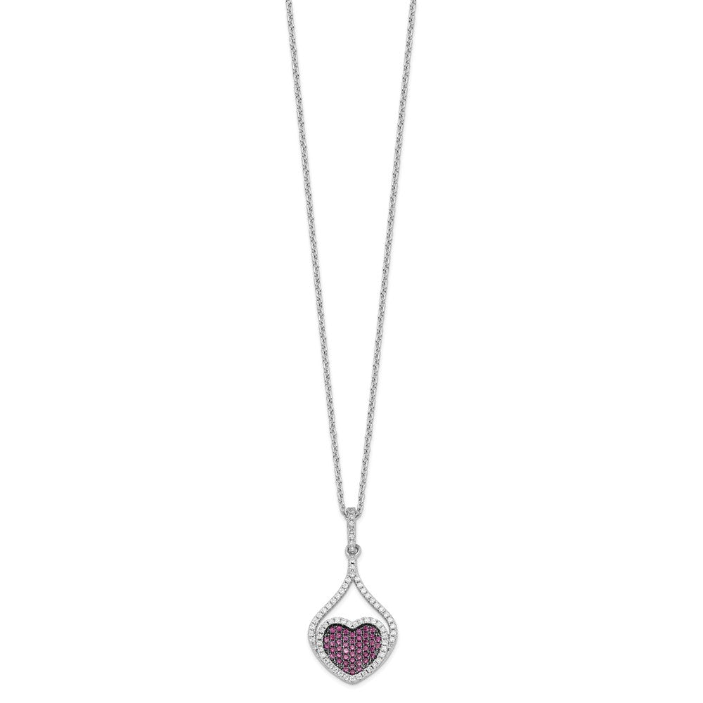 Brilliant Embers Sterling Silver Rhodium-plated 112 Stone Red and White Micro Pav CZ Heart Necklace with 2 Inch Extender
