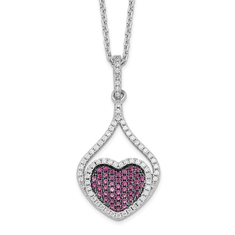 Brilliant Embers Sterling Silver Rhodium-plated 112 Stone Red and White Micro Pav CZ Heart Necklace with 2 Inch Extender
