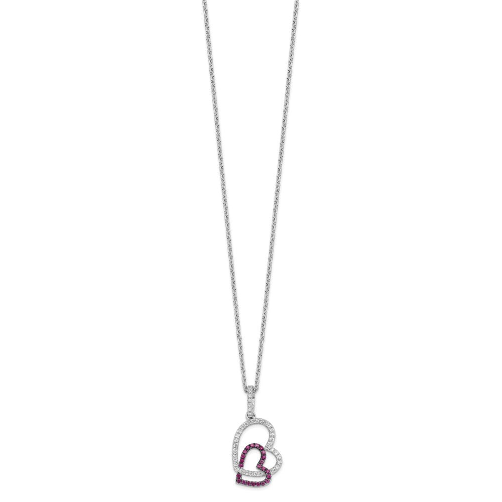 Brilliant Embers Sterling Silver Rhodium-plated 62 Stone Micro Pav Red and White CZ Heart Necklace with 2 Inch Extender