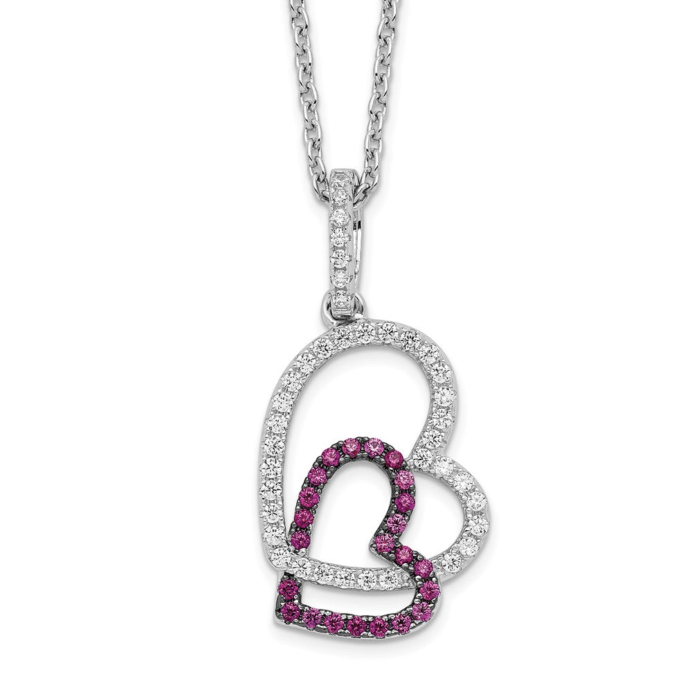 Brilliant Embers Sterling Silver Rhodium-plated 62 Stone Micro Pav Red and White CZ Heart Necklace with 2 Inch Extender