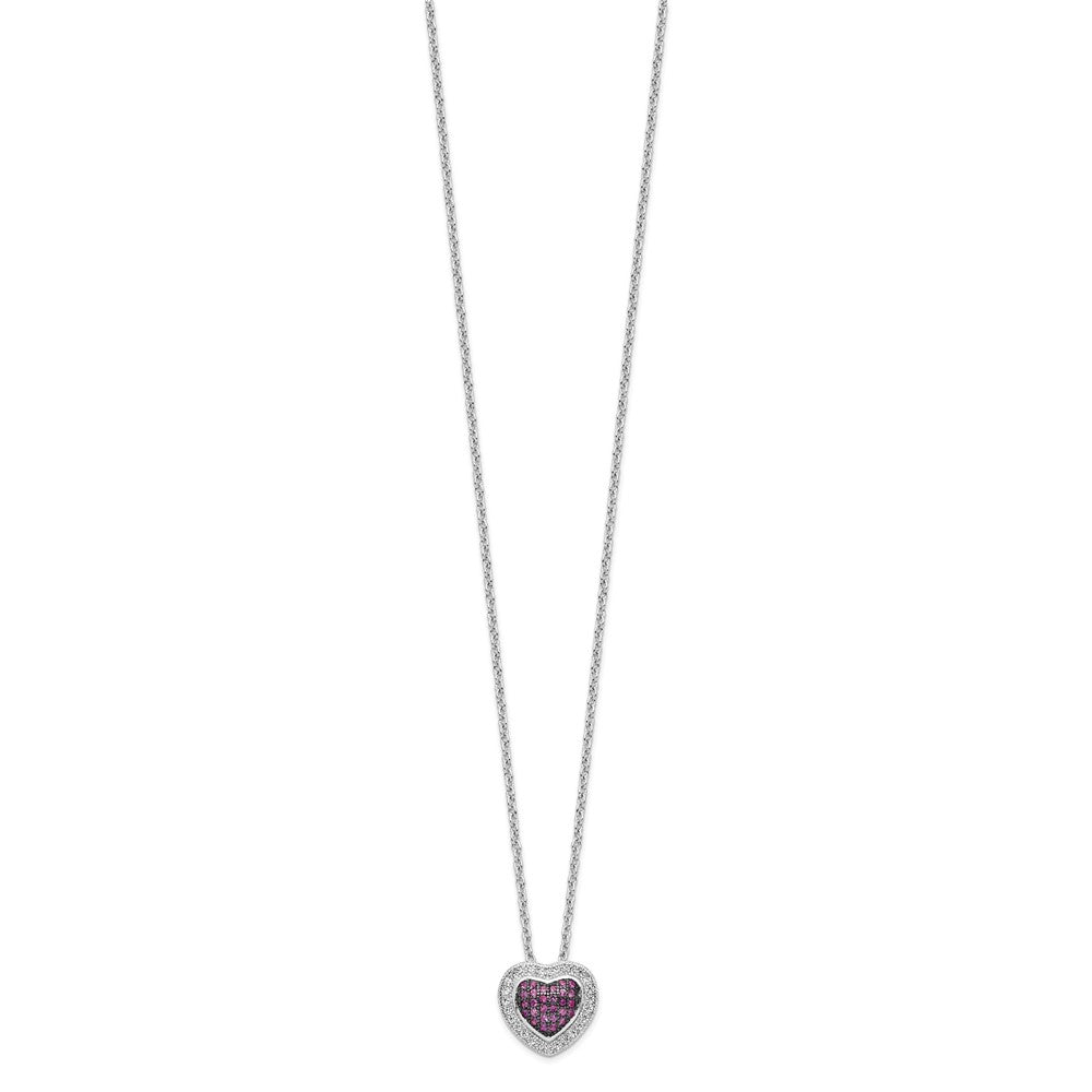 Brilliant Embers Sterling Silver Rhodium-plated 112 Stone with extender Lobster Clasp Micro Pav Red and White CZ Heart Necklace with 2 Inch Extender