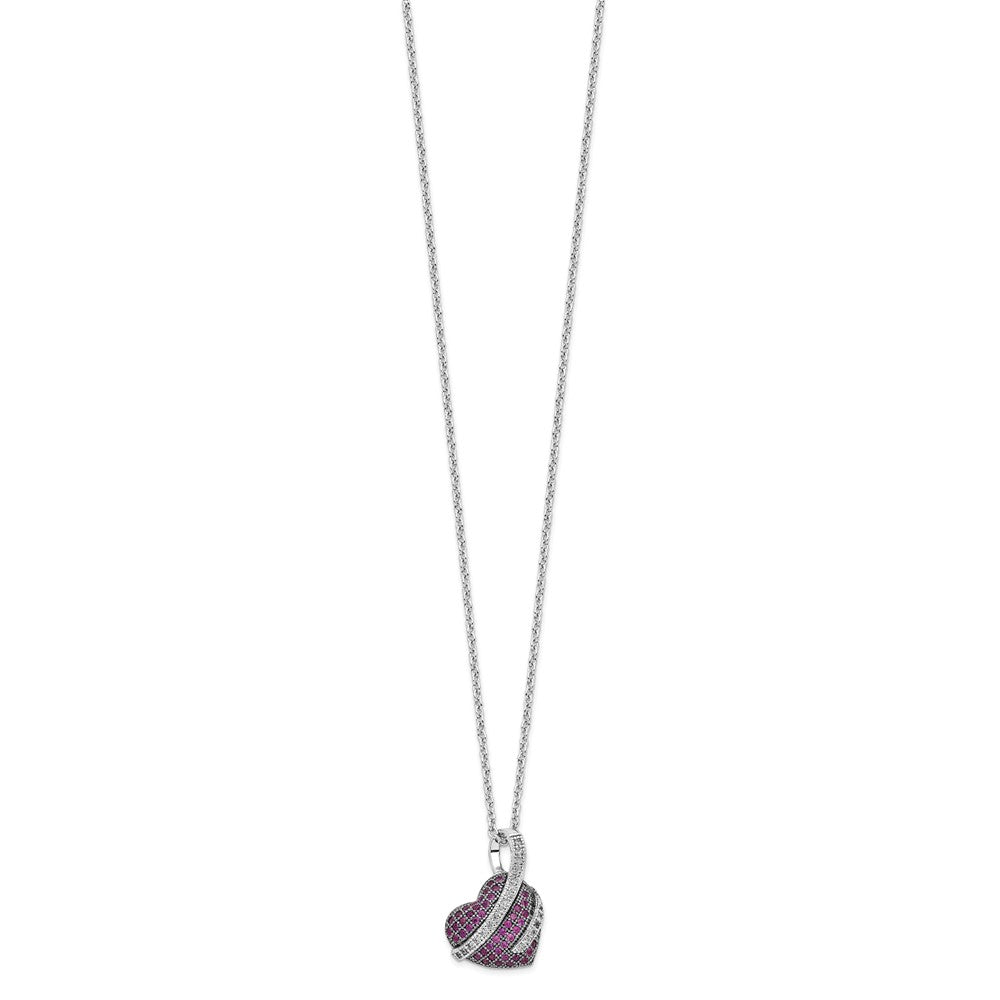 Brilliant Embers Sterling Silver Rhodium-plated 68 Stone Micro Pav Pink and White CZ Heart Necklace with 2 Inch Extender