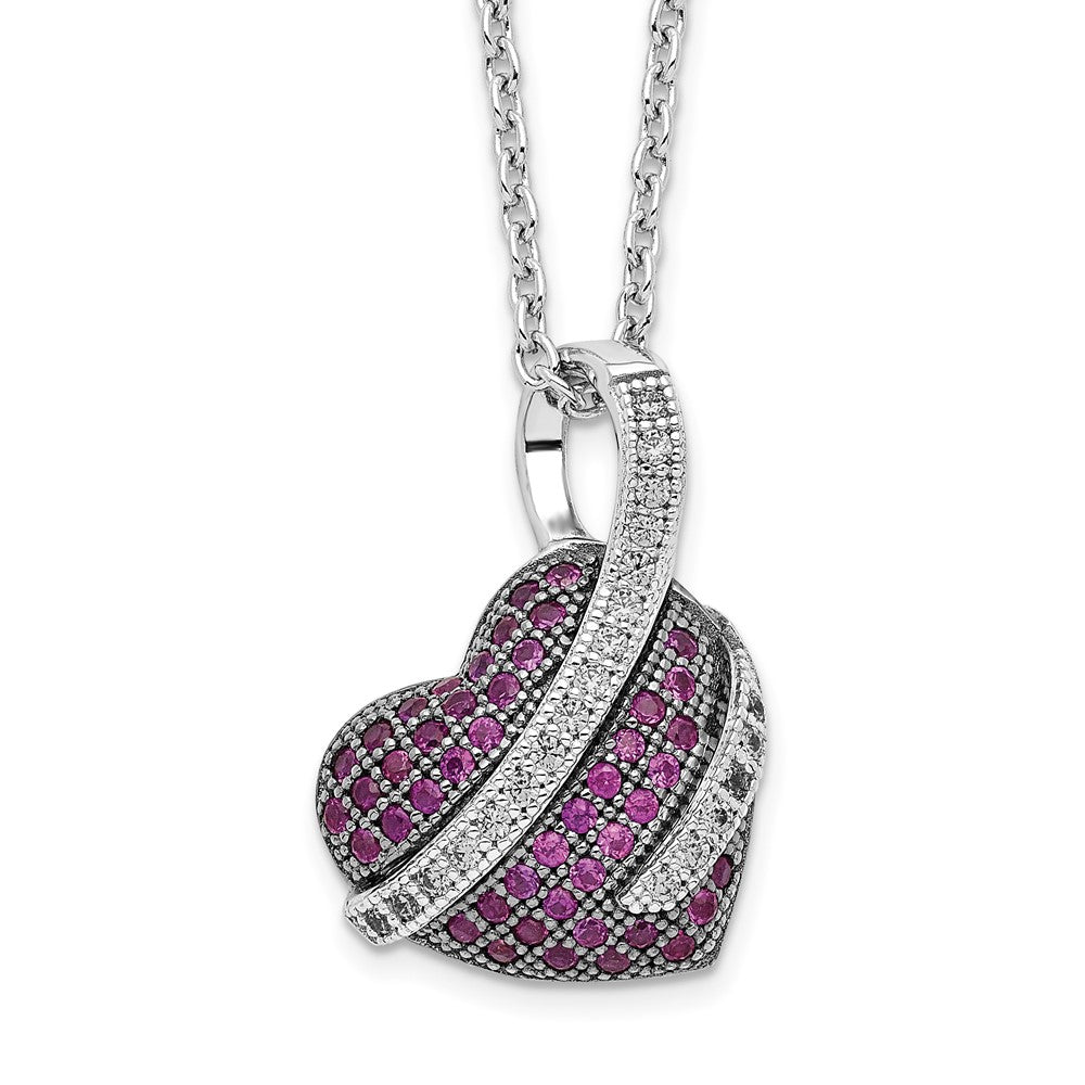 Brilliant Embers Sterling Silver Rhodium-plated 68 Stone Micro Pav Pink and White CZ Heart Necklace with 2 Inch Extender