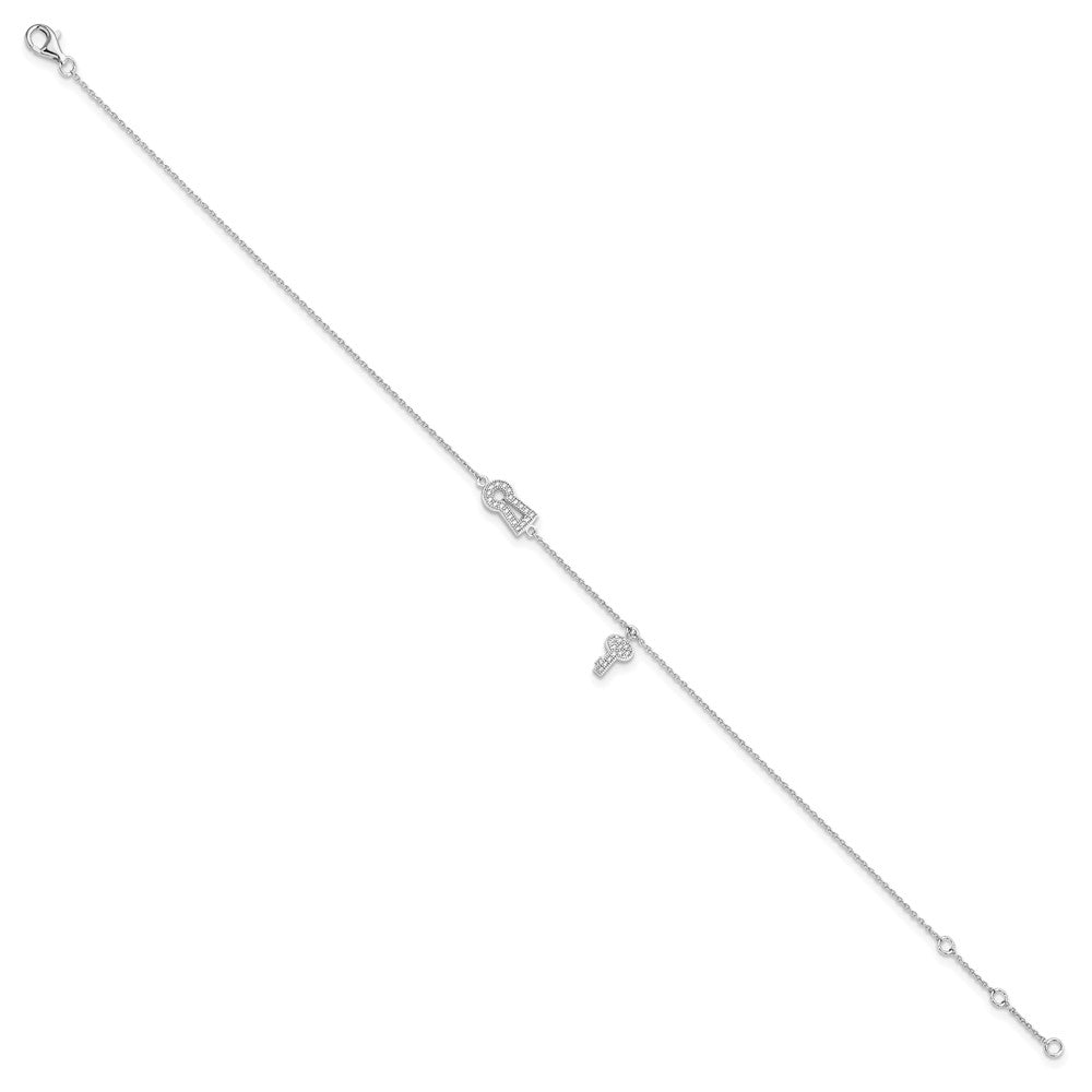 Brilliant Embers Sterling Silver Rhodium-plated 30 Stone Micro Pav CZ Lock Key Anklet with 1 Inch Extender