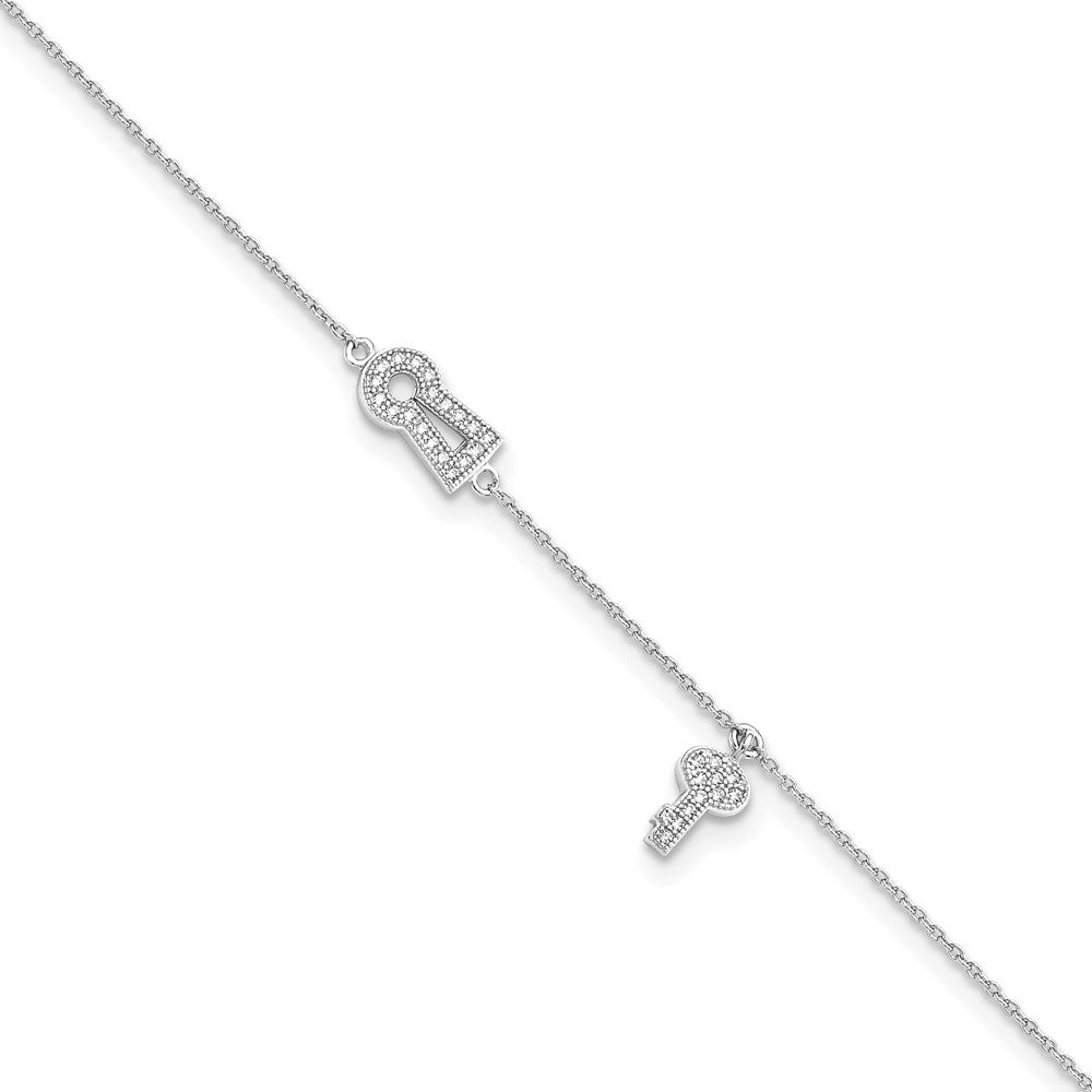 Brilliant Embers Sterling Silver Rhodium-plated 30 Stone Micro Pav CZ Lock Key Anklet with 1 Inch Extender