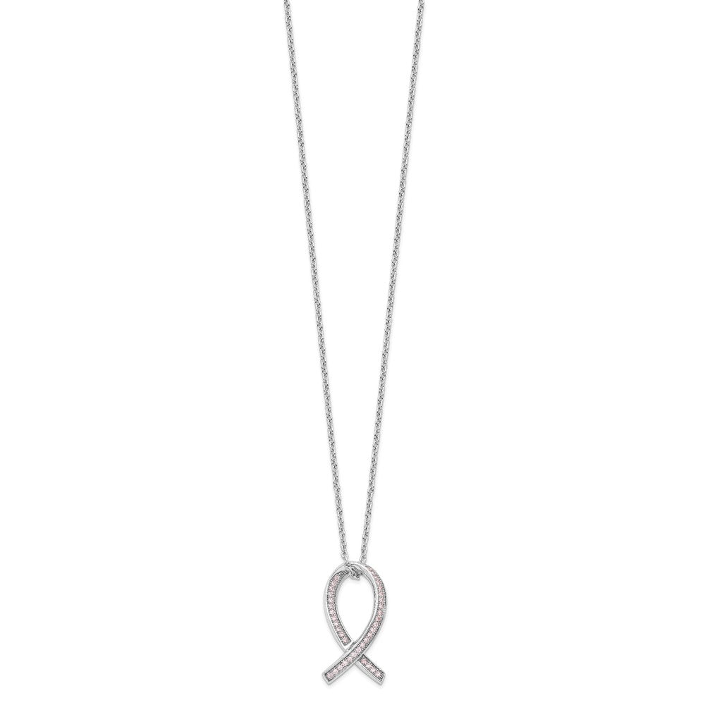 Brilliant Embers Sterling Silver Rhodium-plated 38 Stone Micro PavÇ Pink CZ Awareness Ribbon Necklace with 2 Inch Extender