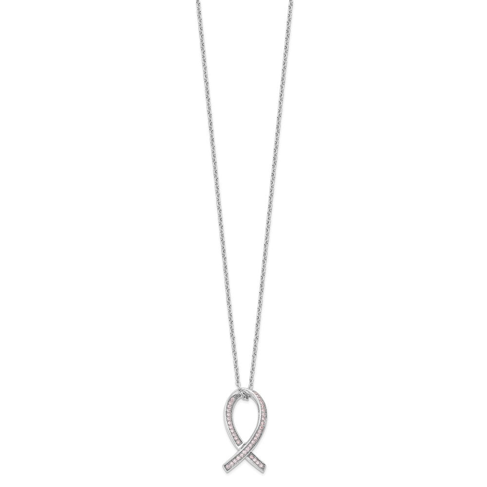 Brilliant Embers Sterling Silver Rhodium-plated 38 Stone Micro Pav Pink CZ Awareness Ribbon Necklace with 2 Inch Extender
