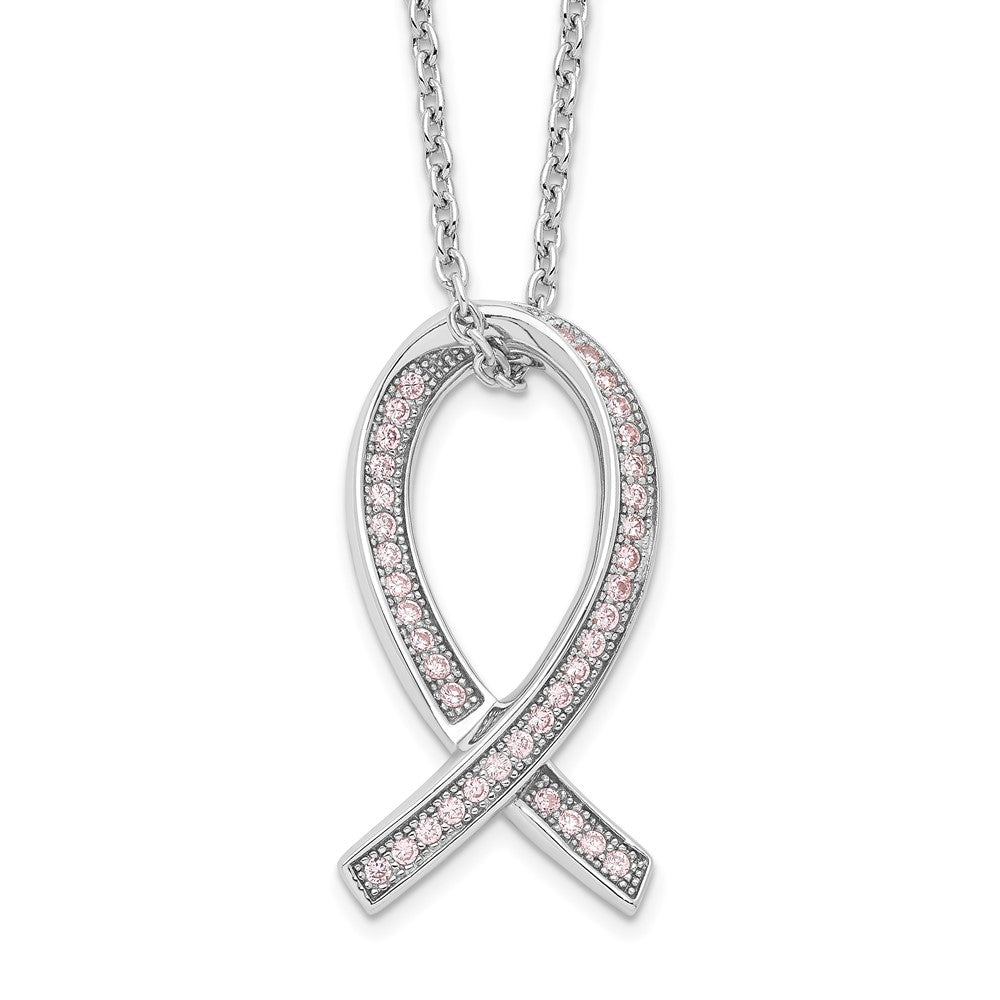 Brilliant Embers Sterling Silver Rhodium-plated 38 Stone Micro PavÇ Pink CZ Awareness Ribbon Necklace with 2 Inch Extender