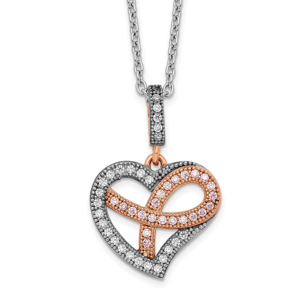 Brilliant Embers Sterling Silver Rose Gold-plated Rhodium-plated 49 Stone Micro Pav CZ Polished Heart Necklace with 2 Inch Extender