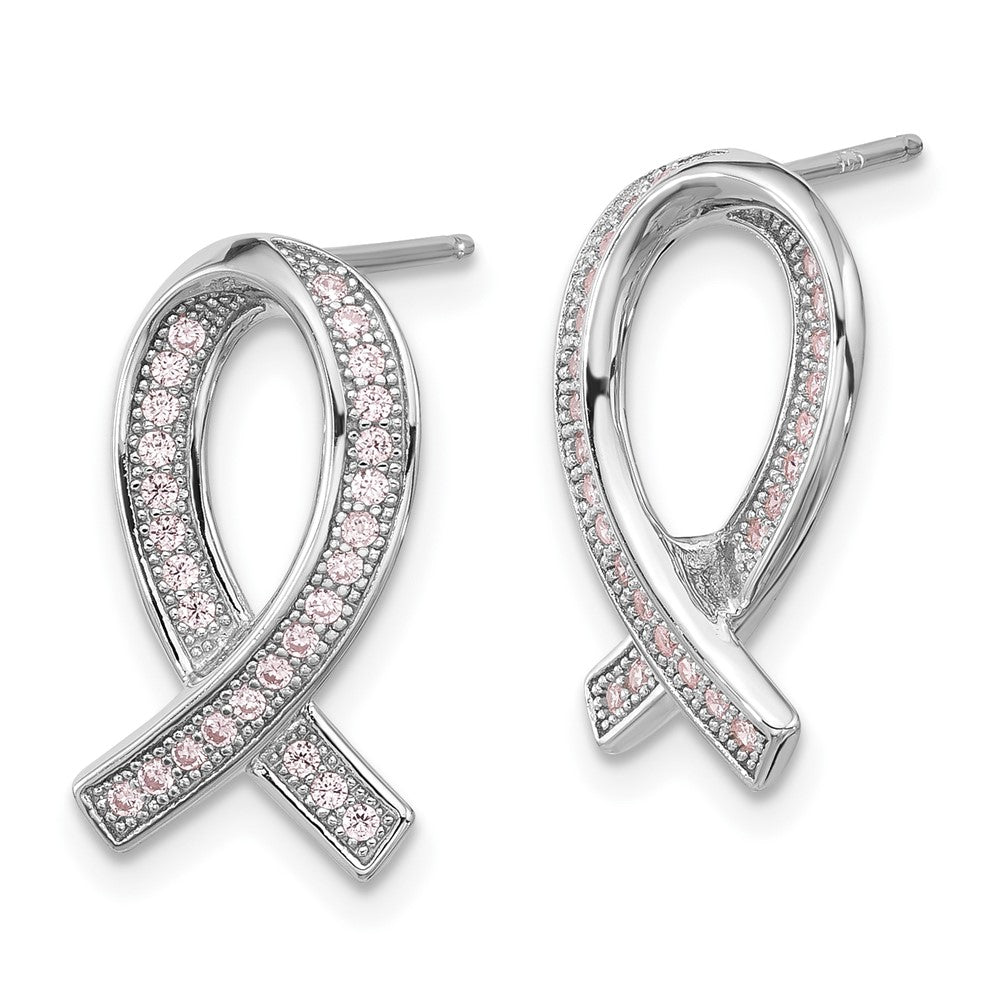 Brilliant Embers Sterling Silver Rhodium-plated 52 Stone Micro PavÂ Pink CZ Awareness Ribbon Post Earrings