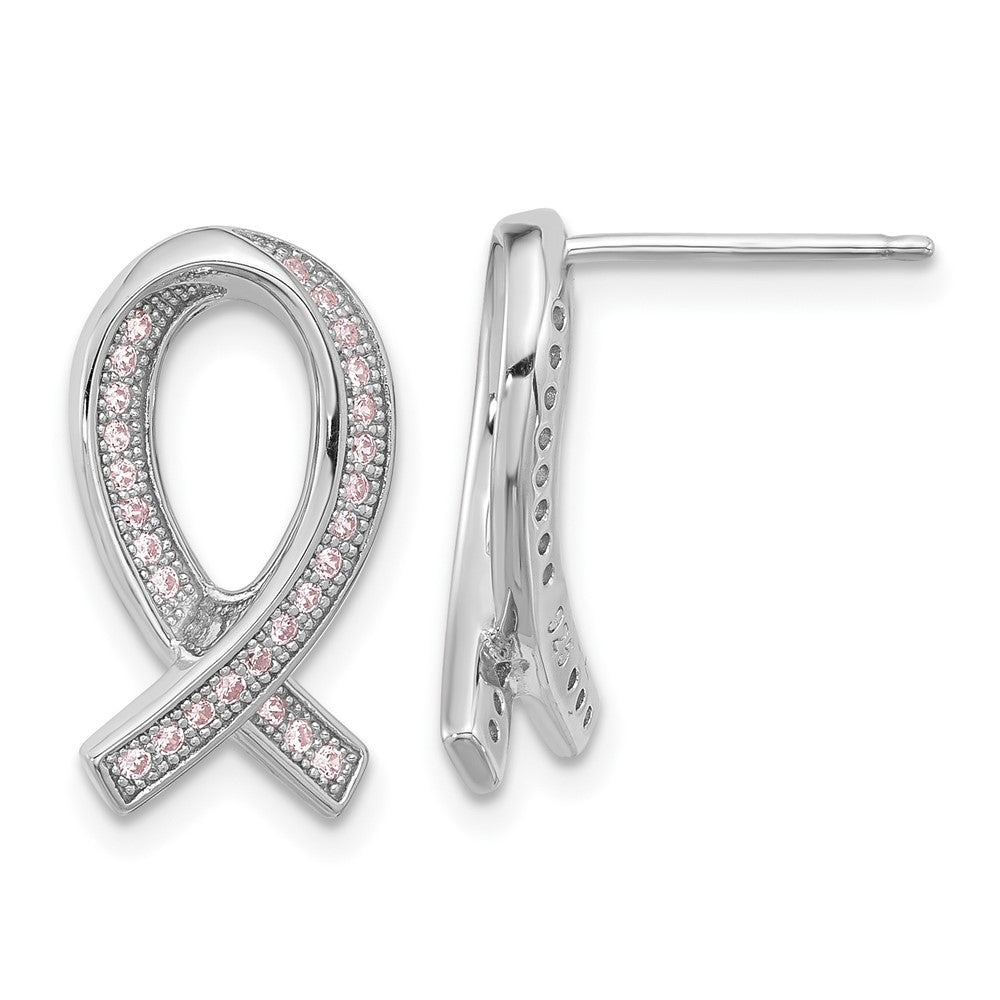 Brilliant Embers Sterling Silver Rhodium-plated 52 Stone Micro PavÂ Pink CZ Awareness Ribbon Post Earrings