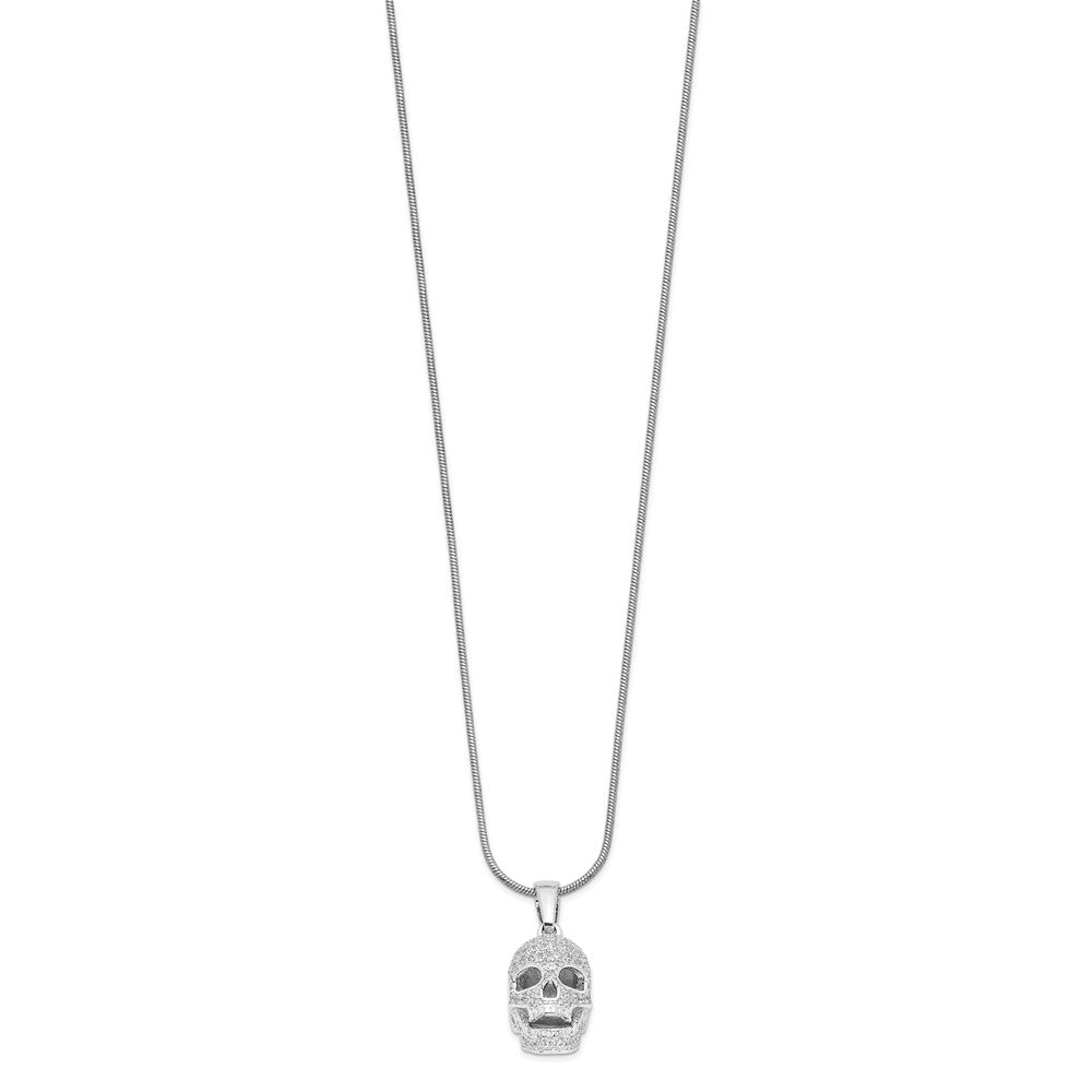 Brilliant Embers Sterling Silver Rhodium-plated 88 Stone Micro Pav CZ Polished Skull Necklace with 2 Inch Extender