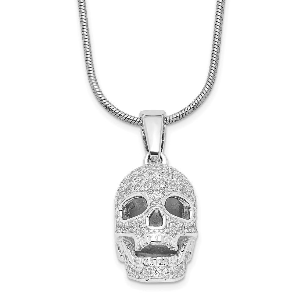 Brilliant Embers Sterling Silver Rhodium-plated 88 Stone Micro Pav CZ Polished Skull Necklace with 2 Inch Extender