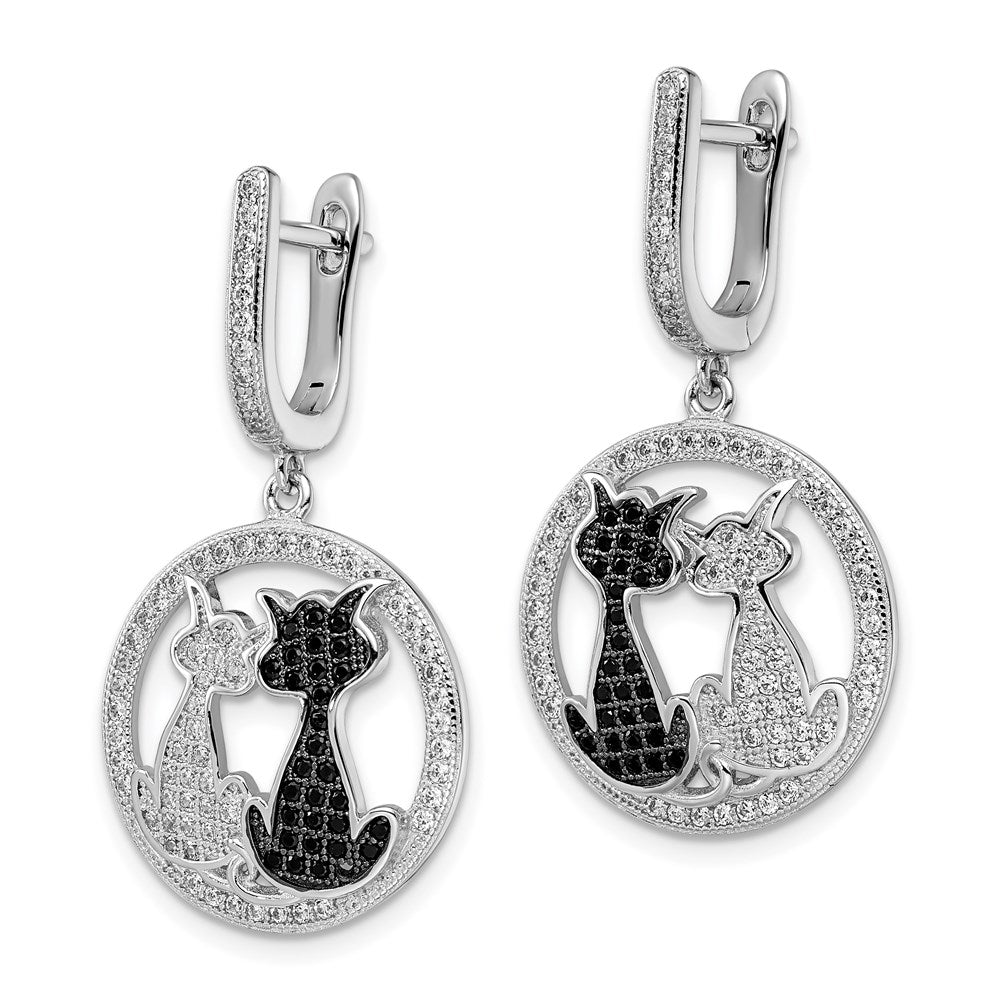 Brilliant Embers Sterling Silver Rhodium-plated 194 Stone Black and White CZ Cat Dangle Hinged Hoop Earrings