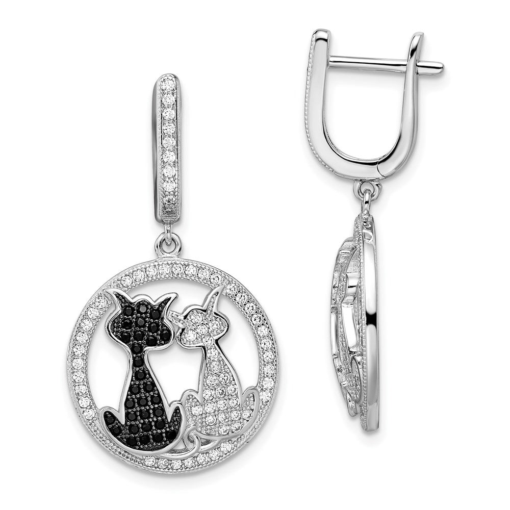 Brilliant Embers Sterling Silver Rhodium-plated 194 Stone Black and White CZ Cat Dangle Hinged Hoop Earrings