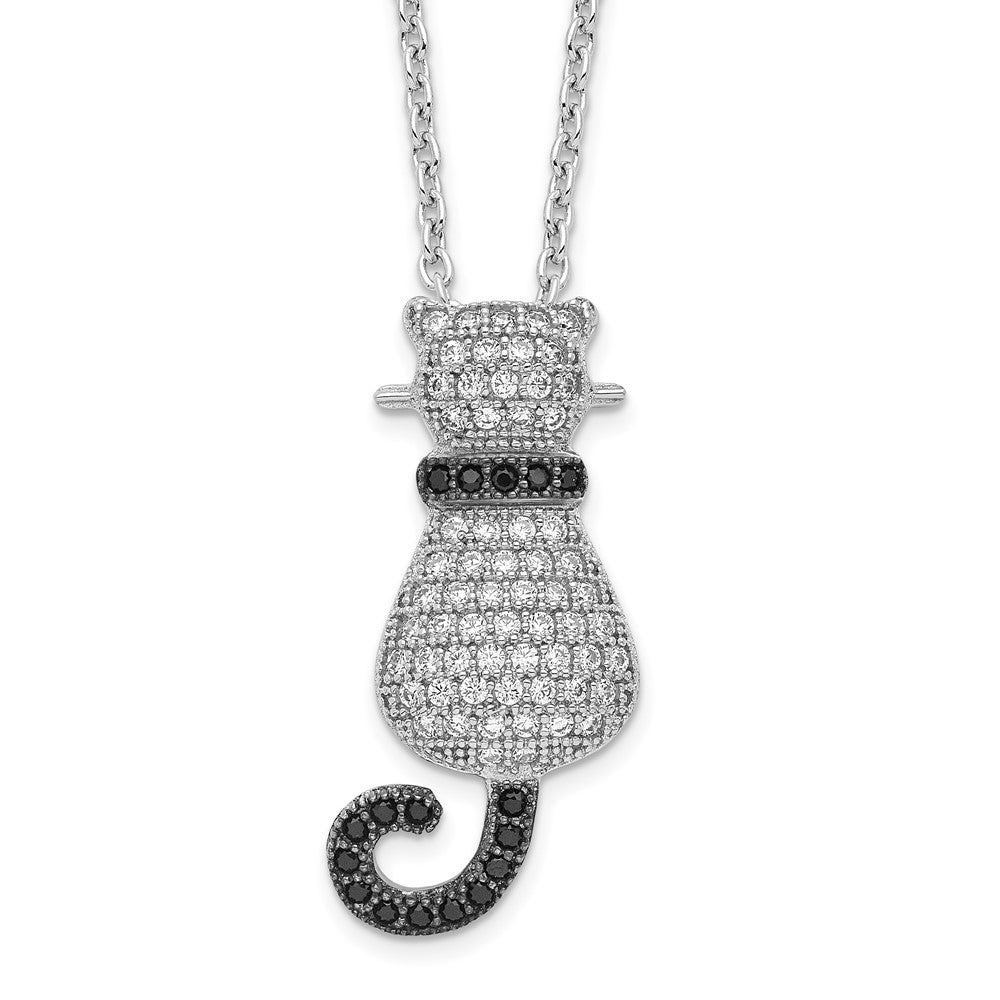 Brilliant Embers Sterling Silver Rhodium-plated 80 Stone Micro Pav Black and White CZ Polished Cat Necklace with 2 Inch Extender