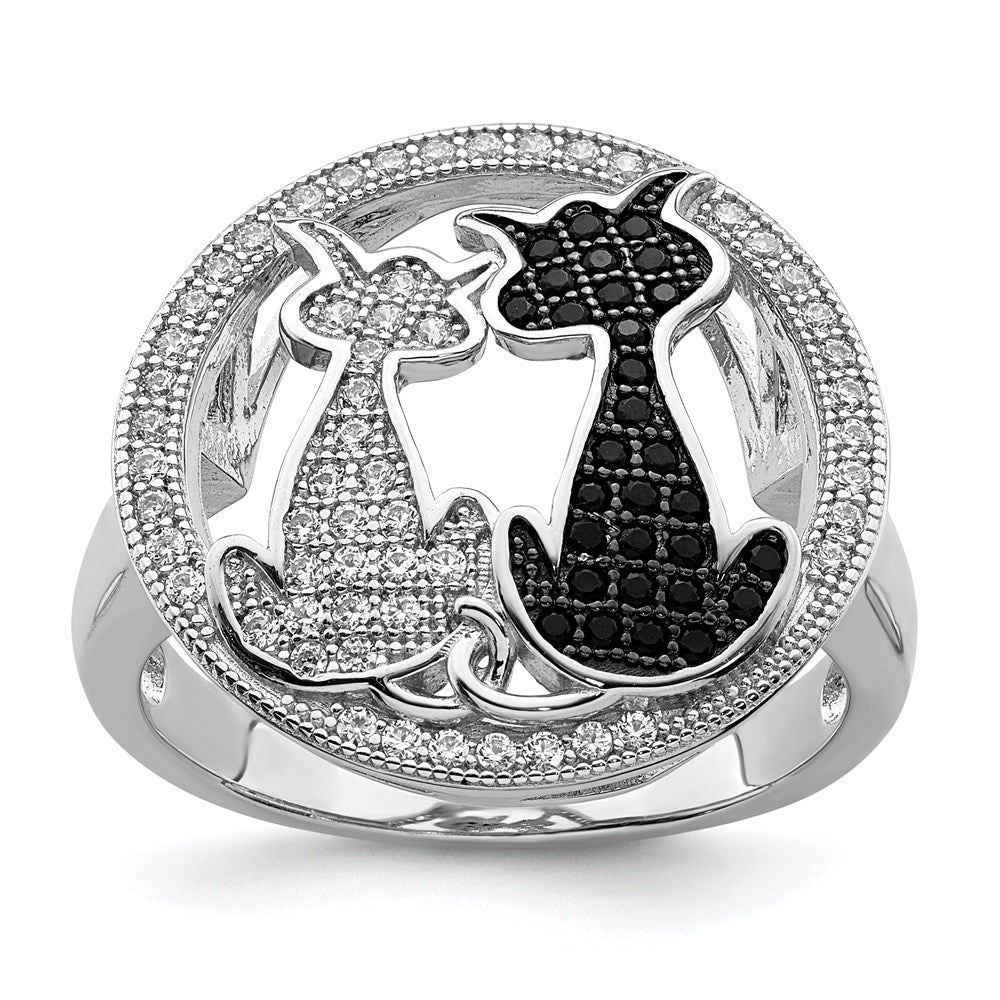 Brilliant Embers Sterling Silver Rhodium-plated 87 Stone Micro PavÇ Black and White CZ Polished Cat Ring