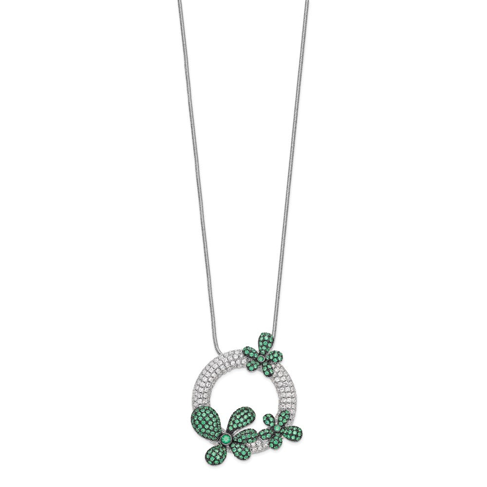 Brilliant Embers Sterling Silver Rhodium-plated 327 Stone Micro Pav White and Green CZ Flower Necklace with 2 Inch Extender