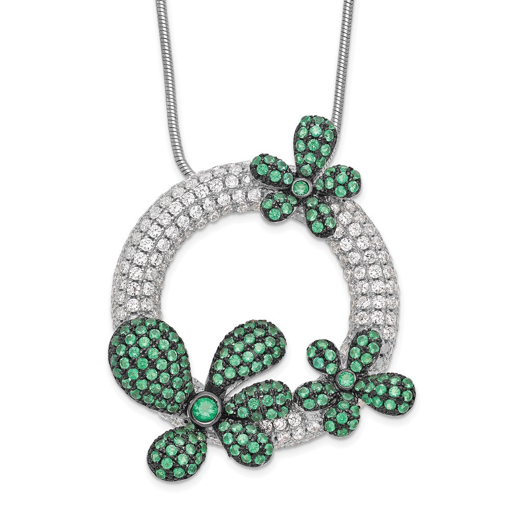 Brilliant Embers Sterling Silver Rhodium-plated 327 Stone Micro Pav√á White and Green CZ Flower Necklace with 2 Inch Extender