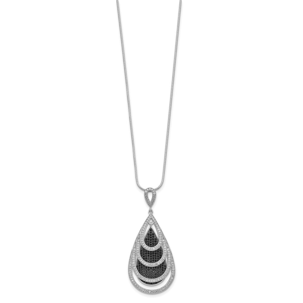 Brilliant Embers Sterling Silver Rhodium-plated 349 Stone Micro PavÂ Black and White CZ Teardrop Necklace with 2 Inch Extender