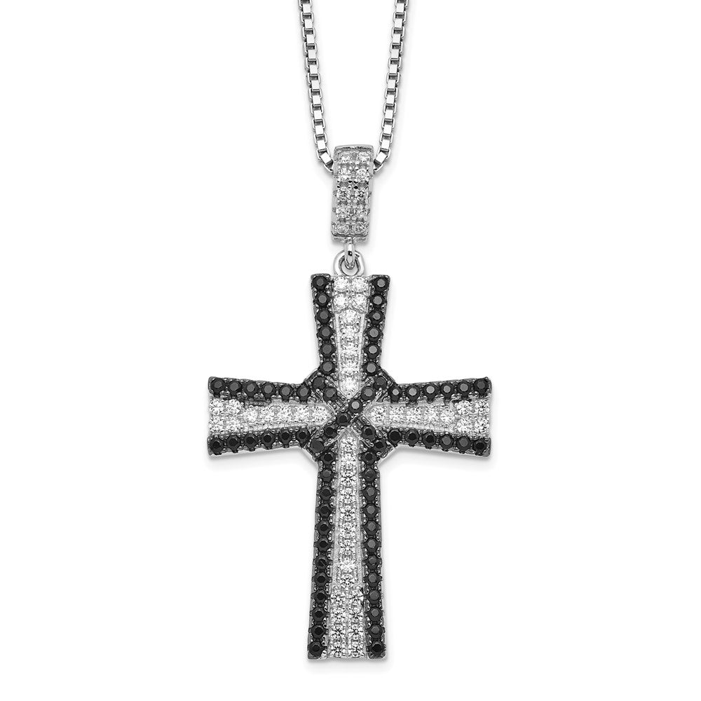 Brilliant Embers Sterling Silver Rhodium-plated 124 Stone Black and White Micro PavÇ CZ Cross Necklace with 2 Inch Extender